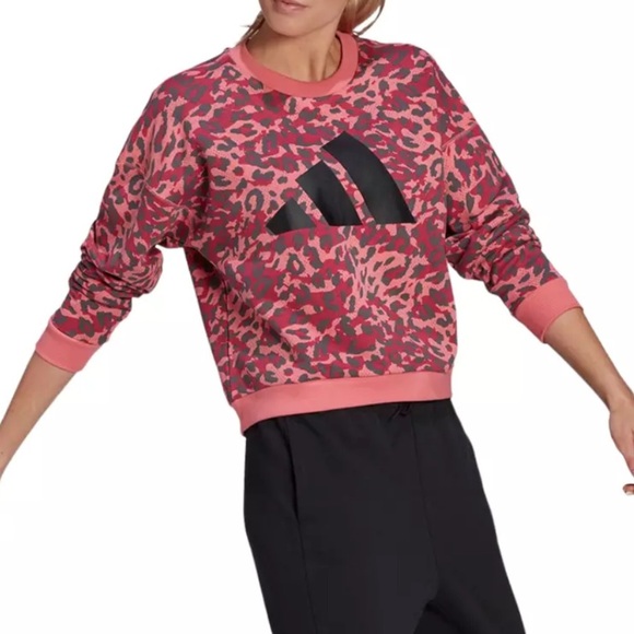 Adidas Sportswear Women’s Medium Pink Leopard Print Crewneck Ribbed Sweatshirt - Picture 1 of 8